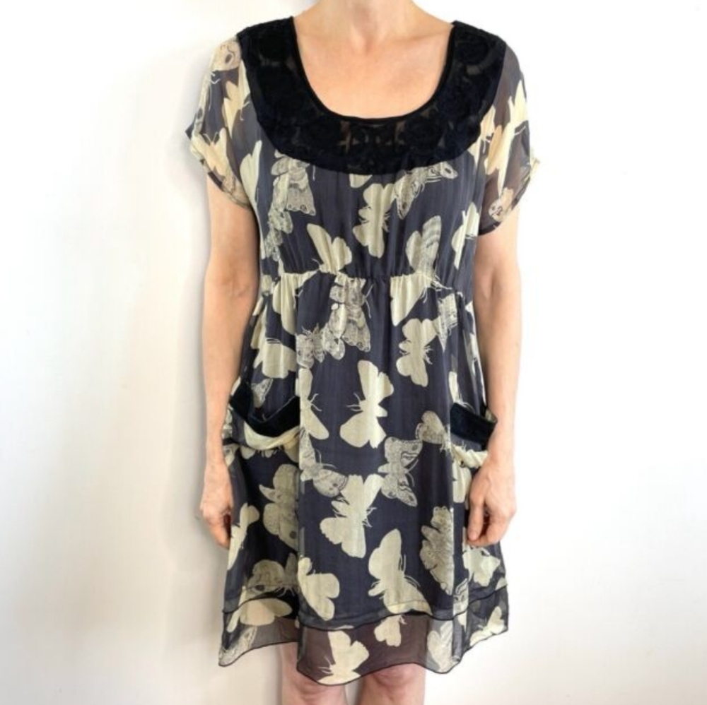 4 Love And Liberty - Silk Butterfly Print Dress w/ Velvet Waist & BoatNeck/ Sz S